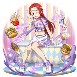 Rule 34 | 1girl, ;d, apron, burger, collarbone, food, full body, hair intakes, highres, jacket, long hair, looking at viewer, midriff, miniskirt, navel, official art, one eye closed, open mouth, pleated skirt, purple neckwear, red eyes, red hair, roller skates, short sleeves, sitting, skates, skirt, smile, socks, solo, stomach, striped clothes, striped jacket, striped skirt, sword art online, sword art online: memory defrag, tiese schtrinen, transparent background, vertical-striped clothes, vertical-striped jacket, vertical-striped skirt, very long hair, visor cap, waist apron, white apron, white socks, wristband