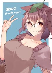 Rule 34 | !, !!, 1girl, animal ears, aoko (myut7287), blue background, border, breasts, brown eyes, brown shirt, cleavage, closed mouth, collarbone, futatsuiwa mamizou, glasses, highres, large breasts, leaf, leaf on head, looking at viewer, raccoon ears, raccoon girl, raccoon tail, shirt, short hair, short sleeves, simple background, smile, solo, tail, touhou, upper body, v, white border
