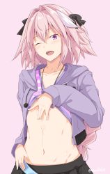 Rule 34 | 1boy, ;d, astolfo (fate), astolfo (memories at trifas) (fate), black bow, black skirt, blush, bow, braid, casual, clothes lift, drawstring, fate/apocrypha, fate/grand order, fate (series), hair between eyes, hair bow, hair intakes, hair ribbon, hood, hood down, hooded jacket, jacket, kichihachi, lifted by self, long hair, long sleeves, male focus, multicolored hair, navel, official alternate costume, one eye closed, open clothes, open jacket, open mouth, pink background, pink hair, pom pom (clothes), purple eyes, purple jacket, ribbon, shirt, shirt lift, simple background, single braid, skirt, smile, stomach, streaked hair, striped clothes, striped shirt, trap, twitter username, upper body, very long hair, white hair