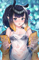 Rule 34 | 1girl, absurdres, black bra, black hair, blue eyes, blush, bra, bra visible through clothes, breasts, camisole, flower, hair flower, hair ornament, highres, hololive, hololive english, huge filesize, jacket, libratul, looking at viewer, mole, mole under eye, ninomae ina&#039;nis, off shoulder, open mouth, pointy ears, purple flower, see-through, shirt, small breasts, solo, tentacle hair, underwear, violet (ninomae ina&#039;nis), virtual youtuber, wet, wet clothes, wet shirt, white camisole