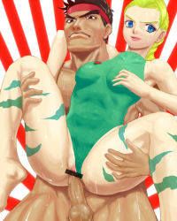 Rule 34 | 1boy, 1girl, abs, blonde hair, bodypaint, breasts, cammy white, capcom, censored, hairline, held up, hetero, leotard, pussy, ryu (street fighter), sex, street fighter, vaginal