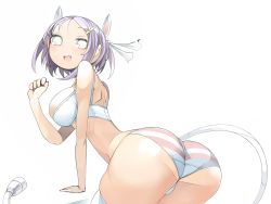 Rule 34 | 1girl, :d, animal ears, ass, back, breasts, cat ears, fang, hair ornament, hairclip, i (deichi), open mouth, original, panties, purple hair, short hair, sideboob, smile, solo, striped clothes, striped panties, tail, thighhighs, underwear, underwear only, white eyes, white thighhighs