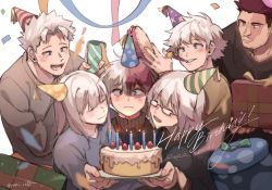 Rule 34 | 2girls, 3boys, beard, birthday, birthday cake, birthday party, blue eyes, blurry, blurry foreground, blush, boku no hero academia, box, burn scar, cake, candle, confetti, dated, endeavor (boku no hero academia), english text, facial hair, family, food, fruit, gift, gift box, glasses, grey eyes, hair between eyes, happy birthday, hat, heterochromia, highres, instrument, long bangs, long hair, long sideburns, looking at another, looking at object, looking at viewer, medium hair, multicolored hair, multiple boys, multiple girls, mustache, open mouth, party, party hat, party popper, red hair, runi 1225, scar, scar on face, short hair, sideburns, solo focus, spiked hair, split-color hair, spoilers, strawberry, streamers, stubble, surprised, tambourine, todoroki fuyumi, todoroki natsuo, todoroki rei, todoroki shouto, todoroki touya, twitter username, two-tone hair, white hair