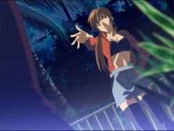 Rule 34 | bible black, black thighhighs, bra, breasts, brown hair, casting spell, cleavage, dutch angle, from below, green eyes, imari kurumi, jacket, long hair, looking at viewer, magic, medium breasts, miniskirt, open clothes, open jacket, side ponytail, skirt, thighhighs, underwear, witch, zettai ryouiki