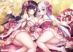 Rule 34 | 2girls, ass, bat wings, blush, breasts, brown hair, cleavage, commentary request, demon horns, demon wings, flower, frilled kimono, frills, hair between eyes, hair flower, hair ornament, hand on own chest, horns, japanese clothes, kimono, long hair, looking at viewer, mini wings, mitsuba choco, multicolored hair, multiple girls, original, pink flower, pink rose, purple eyes, red eyes, red hair, rose, socks, tabi, thick thighs, thighs, translation request, twintails, white hair, wings