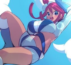 Rule 34 | 1girl, :d, arm up, blue eyes, blue footwear, blue gloves, blue shirt, blue shorts, boots, breasts, chorimokki, cloud, creatures (company), crop top, floating hair, from below, game freak, gloves, gym leader, hair bun, hair ornament, knee boots, knee up, large breasts, lens flare, long hair, long sleeves, nintendo, open mouth, outdoors, pokemon, pokemon bw, red hair, shirt, short shorts, shorts, sidelocks, single hair bun, sky, skyla (pokemon), smile, solo, swept bangs, taut clothes, taut shirt, teeth, thighs, upper teeth only
