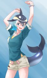 Rule 34 | 1girl, absurdres, arms up, black hair, blue eyes, blue hair, blush, bracelet, breast pocket, cetacean tail, common dolphin (kemono friends), fins, fish tail, highres, jewelry, kemono friends, looking at viewer, multicolored hair, open mouth, pocket, short hair, shorts, smile, solo, tail, tanabe (fueisei), teeth, upper teeth only