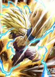 Rule 34 | 1boy, absurdres, aura, blonde hair, clenched hand, commentary, dragon ball, dragonball z, electricity, furrowed brow, green eyes, highres, liedein, male focus, punching, serious, signature, solo, son gohan, speed lines, spiked hair, super saiyan, super saiyan 2, twitter username, wristband