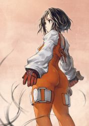 Rule 34 | 1girl, ass, breasts, brown eyes, brown hair, closed mouth, commentary, cowboy shot, cutting hair, expressionless, final fantasy, final fantasy ix, from side, garnet til alexandros xvii, gloves, highres, holding, holding sword, holding weapon, jumpsuit, jun (navigavi), long sleeves, medium breasts, orange background, orange jumpsuit, red gloves, shirt, short hair, simple background, solo, sword, weapon, white shirt
