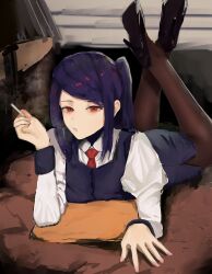 Rule 34 | 1girl, bartender, cigarette, high heels, highres, holding, holding cigarette, jill stingray, legs up, looking at viewer, lying, necktie, on stomach, pantyhose, parody, pencil skirt, poster parody, pulp fiction, purple hair, purple vest, red eyes, salsa dance, signature, skirt, smoke, smoke trail, swept bangs, twintails, va-11 hall-a, vest