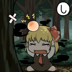 1girl ascot blonde_hair bow crossed_bandaids crying dark fangs forest hair_bow head_bump maguro_(mawaru_sushi) nature outdoors red_ascot red_bow red_footwear rumia solo touhou tree white_sleeves