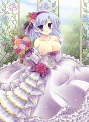 Rule 34 | 10s, 1girl, bad id, bad pixiv id, bare shoulders, blue hair, blush, bouquet, breasts, cleavage, dress, earrings, elbow gloves, female focus, flower, gem, gloves, hair ornament, henriette mystere, highres, jewelry, kouta., large breasts, long skirt, necklace, open mouth, pearl (gemstone), petals, purple eyes, rose, short hair, sjirt, skirt, smile, solo, tantei opera milky holmes, wedding dress