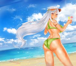 Rule 34 | 1girl, armlet, ass, azur lane, bare shoulders, beach, bikini, blush, breasts, choker, cloud, cup, dark-skinned female, dark skin, dated, day, facial mark, floating hair, forehead mark, from behind, green bikini, highres, holding, holding cup, large breasts, long hair, looking at viewer, looking back, massachusetts (azur lane), native american, paundo2, red eyes, shiny skin, silver hair, sky, smile, solo, standing, swimsuit, thighs, twitter username, very long hair, wet