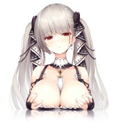 Rule 34 | 1girl, azur lane, bare shoulders, between breasts, black bow, bow, breast rest, breasts, cleavage, closed mouth, collarbone, detached collar, formidable (azur lane), grey hair, hair bow, large breasts, long hair, long sleeves, looking at viewer, red eyes, reflection, grabbing own breast, senji (tegone spike), simple background, solo, twintails, very long hair, watermark, white background