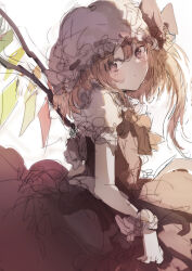 Rule 34 | ascot, blonde hair, cowboy shot, crystal wings, dress, embodiment of scarlet devil, flandre scarlet, frills, hat, highres, looking at viewer, medium hair, mob cap, natsume suzuri, puffy short sleeves, puffy sleeves, red dress, red eyes, short sleeves, side ponytail, simple background, sketch, touhou, white background, wings, yellow ascot