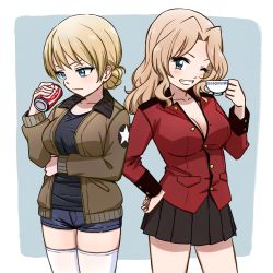 Rule 34 | 10s, 2girls, blue background, blue eyes, blush, breasts, can, cleavage, coca-cola, cosplay, costume switch, cup, darjeeling (girls und panzer), drink can, girls und panzer, green jacket, hands on own hips, hone (honehone083), jacket, kay (girls und panzer), large breasts, miniskirt, multiple girls, no shirt, one eye closed, patch, red jacket, saunders military uniform, shirt, short shorts, shorts, shoulder patch, simple background, skirt, smile, soda can, st. gloriana&#039;s military uniform, t-shirt, teacup, thighhighs