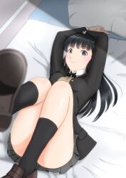 1girl amagami arms_up ass ayatsuji_tsukasa black_bow black_bowtie black_eyes black_hair black_jacket black_sailor_collar black_socks blazer bow bowtie brown_footwear futon grey_skirt highres jacket kero320 kibito_high_school_uniform kneehighs leg_up loafers long_hair long_sleeves looking_at_viewer lying miniskirt on_back parted_lips pillow pleated_skirt sailor_collar school_uniform shoes skirt socks solo straight_hair sweater_vest thighs yellow_sweater_vest