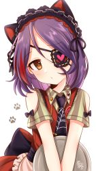 Rule 34 | 1girl, :o, alternate costume, animal ears, black necktie, blush, c7 master, clothing cutout, enmaided, eyepatch, fake animal ears, frilled eyepatch, hair between eyes, hayasaka mirei, head tilt, heart, heart eyepatch, highres, holding, holding tray, idolmaster, idolmaster cinderella girls, idolmaster cinderella girls starlight stage, looking at viewer, maid, maid headdress, multicolored hair, necktie, own hands together, paw print, purple hair, red hair, shoulder cutout, simple background, solo, streaked hair, tray, white background