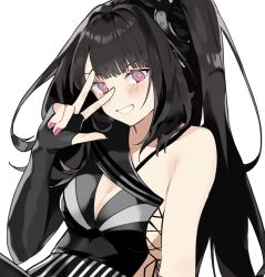 Rule 34 | 1girl, aogisa, architect (girls&#039; frontline), bad id, bad pixiv id, black dress, black gloves, black hair, blush, breasts, cleavage, dress, elbow gloves, girls&#039; frontline, gloves, hair ornament, hand up, highres, long hair, looking at viewer, nail polish, purple eyes, sangvis ferri, small breasts, smile, solo, v over eye, white background