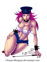 Rule 34 | 1girl, abs, bare shoulders, blue eyes, breasts, capcom, cleavage, collar, cuffs, cutoffs, denim, denim shorts, covered erect nipples, female focus, final fight, full body, handcuffs, hat, highres, large breasts, long hair, midriff, nail polish, navel, off shoulder, osmar-shotgun, panties, peaked cap, pink hair, poison (final fight), red panties, riding crop, short shorts, shorts, solo, street fighter, tank top, thick thighs, thighs, transparent background, unbuttoned, underwear, wristband