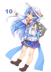 Rule 34 | 1girl, absurdres, adapted costume, akiteru (akiteru98), arm up, blue hair, blue sash, blue skirt, boots, bow, bowtie, brown footwear, cardigan, commentary, food, fruit, full body, hair between eyes, head tilt, highres, hinanawi tenshi, jacket, keystone, leaf, long hair, long sleeves, looking at viewer, miniskirt, mouth hold, peach, pleated skirt, red bow, red bowtie, red eyes, rope, sash, shirt, sidelocks, simple background, skirt, solo, thighs, touhou, very long hair, white background, white headwear, white jacket, white shirt