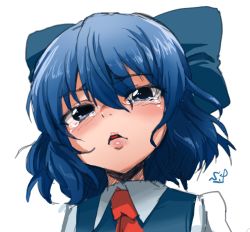 Rule 34 | 1girl, blue eyes, blue hair, bow, cirno, crying, hair bow, looking at viewer, matching hair/eyes, portrait, shift (waage), solo, tears, touhou, upper body