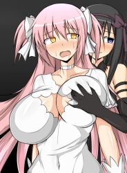 Rule 34 | 10s, 2girls, akemi homura, black gloves, black hair, blue eyes, breasts, choker, cleavage, cleavage cutout, clothing cutout, dress, elbow gloves, female focus, gloves, grabbing, grabbing another&#039;s breast, hair ornament, huge breasts, kaname madoka, long hair, mahou shoujo madoka magica, multiple girls, musuka (muska), open mouth, pink hair, short twintails, simple background, standing, twintails, ultimate madoka, upper body, yellow eyes, yuri