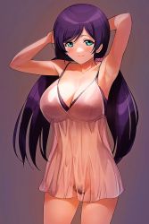 Rule 34 | 1girl, a1 (initial-g), armpits, arms behind head, arms up, babydoll, bare shoulders, blush, breasts, cleavage, closed mouth, collarbone, female pubic hair, green eyes, hair ornament, hair scrunchie, highres, large breasts, lingerie, long hair, looking at viewer, love live!, love live! school idol project, low twintails, navel, no panties, pink scrunchie, pubic hair, purple hair, pussy, scrunchie, see-through, smile, solo, standing, swept bangs, tojo nozomi, twintails, underwear