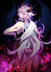 Rule 34 | 1boy, androgynous, bishounen, black pants, black shirt, bug, butterfly, demon horns, fate/grand order, fate (series), heeparang, highres, horns, insect, long hair, looking back, merlin (fate), messy hair, multicolored background, pale skin, pants, petals, purple eyes, shirt, silver hair, sleeveless, sleeveless shirt
