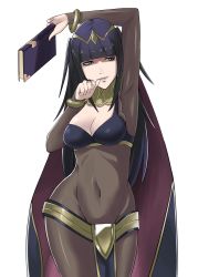 Rule 34 | 1girl, arm up, armpits, black hair, bodysuit, bracelet, breasts, bridal gauntlets, cape, cleavage, covered navel, fire emblem, fire emblem awakening, highres, j@ck, jewelry, long hair, medium breasts, nintendo, parted lips, purple eyes, smile, solo, tharja (fire emblem), tiara, two side up