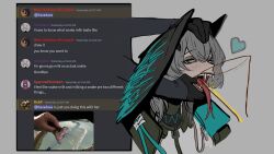 Rule 34 | 1girl, aqua eyes, aqua feathers, aqua wings, arknights, black feathers, black gloves, black wings, blush, cropped head, fangs, feathered wings, feathers, forked tongue, gloves, grabbing, gradient background, grey hair, hair between eyes, head wings, heart, highres, ho&#039;olheyak (arknights), holding another&#039;s head, infection monitor (arknights), long tongue, looking at viewer, medium hair, open mouth, savadava, serpiente emplumada, sidelocks, snake girl, solo, tongue, tongue out, wings