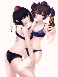 Rule 34 | 2girls, absurdres, ammonite (488091), ass, back, black bra, black hair, black panties, bra, breasts, brown hair, cellphone, cleavage, contrapposto, cowboy shot, from behind, groin, hair between eyes, hand on another&#039;s shoulder, hat, highres, himekaidou hatate, holding, holding phone, hug, knee up, lace, lace-trimmed bra, lace-trimmed panties, lace trim, light blush, looking at viewer, looking back, medium breasts, multiple girls, nail polish, navel, panties, phone, pointy ears, pom pom (clothes), purple bra, purple eyes, purple headwear, purple panties, red eyes, red headwear, shameimaru aya, short hair, sidelocks, simple background, standing, standing on one leg, thigh grab, tokin hat, tongue, tongue out, touhou, twintails, underwear, underwear only, white background