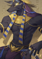 Rule 34 | 1boy, abs, animal ears, anubis (mythology), blank eyes, closed mouth, commentary request, dog boy, dog ears, dog tail, drop shadow, egyptian mythology, fingernails, furry, furry male, grey nails, hieroglyphics, jewelry, long fingernails, male focus, pectorals, ring, sharp fingernails, smile, sokimi (sosojovan), solo, tail, topless male, white eyes
