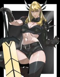 1girl abs absurdres armor belt black_belt black_gloves black_shorts black_thighhighs blonde_hair breasts cleavage cleavage_cutout clothing_cutout crop_top cropped_jacket gloves grey_eyes highres large_breasts long_hair looking_at_viewer magik_(x-men) marvel marvel_rivals midriff pauldrons short_shorts short_sleeves shorts shoulder_armor single_pauldron solo spiked_pauldrons sword taiyang_yu thighhighs weapon x-men