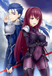 Rule 34 | 1boy, 1girl, ;), armor, back-to-back, bad id, bad pixiv id, blue hair, bodysuit, breasts, covered navel, crossed arms, cu chulainn (fate), fate/grand order, fate/stay night, fate (series), gae bolg (fate), jilllxlxl, cu chulainn (fate/stay night), large breasts, long hair, one eye closed, pauldrons, ponytail, purple bodysuit, purple hair, red eyes, scathach (fate), scathach (fate), shoulder armor, smile, sweatdrop, very long hair