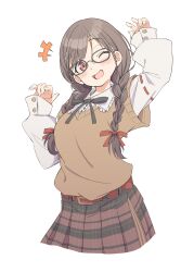 Rule 34 | +++, 1girl, absurdres, arms up, belt, blush, braid, brown hair, brown sweater, collared shirt, cropped legs, eitopondo, frilled shirt collar, frills, glasses, highres, idolmaster, idolmaster shiny colors, looking at viewer, low twin braids, necktie, one eye closed, open mouth, red eyes, ribbon-trimmed sleeves, ribbon trim, shirt, simple background, skirt, smile, solo, sonoda chiyoko, sweater, twin braids, v-neck, white background, white shirt