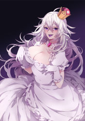 Rule 34 | 1girl, absurdres, bad id, bad pixiv id, breasts, cleavage, collar, colored tongue, commentary request, crown, dress, frilled collar, frilled dress, frilled gloves, frills, gloves, highres, large breasts, long dress, looking at viewer, mario (series), messy hair, mini crown, new super mario bros. u deluxe, nintendo, pale skin, princess king boo, puffy short sleeves, puffy sleeves, purple eyes, purple tongue, sharp teeth, short sleeves, solo, souike, super crown, teeth, tilted headwear, tongue, tongue out, white dress, white gloves, white hair