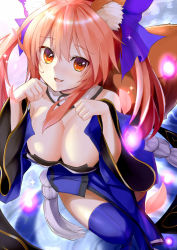 Rule 34 | 10s, 1girl, :d, animal ears, blue bow, blue thighhighs, bow, breasts, chiroshiron, cleavage, detached sleeves, fate/extra, fate (series), fox ears, fox tail, from above, hair between eyes, hair bow, highres, large breasts, long hair, looking at viewer, open mouth, orange eyes, orange hair, paw pose, shiny skin, smile, solo, tail, tamamo no mae (fate/extra), thighhighs