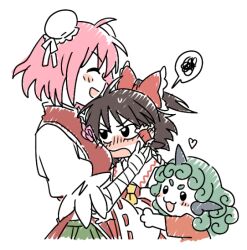 Rule 34 | 3girls, ascot, bandaged arm, bandages, blush, bow, bun cover, chinese clothes, closed eyes, curly hair, detached sleeves, double bun, false arm, false limb, flower, frilled bow, frilled hair tubes, frills, green hair, hair bow, hair bun, hair tubes, hakurei reimu, heart, horns, hug, hug from behind, ibaraki kasen, komano aunn, long hair, multiple girls, open mouth, pink eyes, pink flower, pink hair, pink rose, re ghotion, red bow, red shirt, ribbon-trimmed sleeves, ribbon trim, rose, shirt, short hair, simple background, single horn, smile, sweatdrop, tabard, touhou, tsundere, white background, yellow ascot