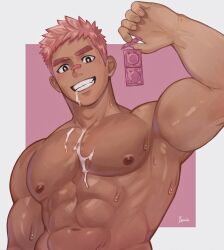 Rule 34 | 1boy, :d, abs, bandaid, bandaid on face, bandaid on nose, bara, blush, bright pupils, completely nude, condom, condom wrapper, cum, cum in mouth, cum on body, cum on male, cum on pectorals, from below, grin, highres, large pectorals, long sideburns, looking at viewer, louis tjxx, male focus, muscular, muscular male, navel, nipples, nude, open mouth, original, pectorals, pink background, pink hair, pink theme, seductive smile, sexually suggestive, short hair, sideburns, smile, star-shaped pupils, star (symbol), stomach, strongman waist, suggestive fluid, sweat, symbol-shaped pupils, thick eyebrows, two-tone background, upper body, very sweaty