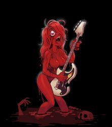 Rule 34 | 1girl, absurdres, backlighting, bass guitar, black background, blood, bloody tears, breasts, collarbone, colored skin, commentary, drooling, english commentary, fangs, film grain, fingernails, full body, groin, hair over one eye, highres, holding, holding instrument, instrument, long hair, looking at viewer, matthieu cousin, medium breasts, monster girl, music, no nipples, nude, one eye covered, original, playing instrument, red eyes, red hair, red skin, skull, solo, teeth, tongue, tongue out, upper teeth only, wide-eyed