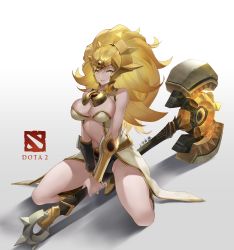 Rule 34 | 1girl, black pants, blonde hair, boots, bracer, breasts, cleavage, copyright name, dawnbreaker (dota), dota (series), dota 2, full body, gauntlets, hair ornament, hammer, highres, holding, holding hammer, jokanhiyou, kneeling, large breasts, long hair, looking at viewer, navel, open mouth, pants, parted lips, simple background, smile, solo, teeth, thighs, yellow eyes