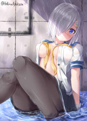 Rule 34 | 1girl, ayakase hotaru, black pantyhose, blue eyes, blush, breasts, collarbone, covered erect nipples, hair over one eye, hamakaze (kancolle), highres, kantai collection, looking at viewer, medium breasts, open clothes, pantyhose, school uniform, see-through, serafuku, silver hair, sitting, solo, wet, wet clothes