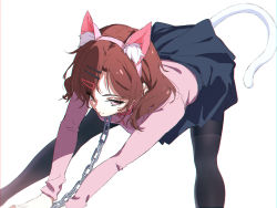 Rule 34 | 1girl, animal ears, black pantyhose, black skirt, blouse, cat ears, cat tail, chain, chain leash, fake animal ears, hair ornament, hairclip, hairpin, highres, higuchi madoka, idolmaster, idolmaster shiny colors, leaning forward, leash, looking at viewer, mole, mole under eye, own hands together, pantyhose, pink shirt, red eyes, red hair, shirt, simple background, skirt, solo, tail, thighband pantyhose, white background, yakumo crack