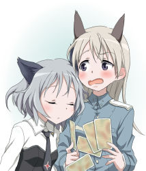 Rule 34 | 2girls, animal ears, bad id, bad pixiv id, blonde hair, blue eyes, blush, card, cat ears, e-n, eila ilmatar juutilainen, closed eyes, floating card, fox ears, holding, holding card, long hair, military, military uniform, multiple girls, necktie, open mouth, sanya v. litvyak, short hair, silver hair, sleeping, strike witches, surprised, uniform, wavy mouth, world witches series