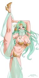 Rule 34 | 1girl, 2020, arm up, armpits, artist name, bare shoulders, bikini, blush, breasts, circlet, cleavage, collarbone, commentary, dated, english commentary, female focus, fire emblem, fire emblem: three houses, flower, gold trim, green eyes, green hair, hair flower, hair ornament, harem outfit, high heels, highres, kneepits, large breasts, leg lift, leg up, legs, long hair, looking at viewer, matching hair/eyes, mouth veil, navel, nintendo, one eye closed, parted bangs, parted lips, rhea (fire emblem), see-through, sendo (sendrawz), simple background, smile, solo, split, standing, standing on one leg, standing split, swimsuit, thighs, veil, white background, white bikini, wink