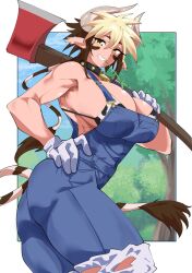 Rule 34 | 1girl, animal ears, animal print, axe, bell, bikini, bikini under clothes, blonde hair, breasts, brown eyes, brown hair, cathyl, collar, commentary request, commission, cow ears, cow girl, cow horns, cow print, cow print bikini, cow tail, cowbell, cowboy shot, fugaku (miko no miyatsuguchi), gloves, hand on own hip, highres, holding, holding axe, horns, huge breasts, looking at viewer, minotaur, monster girl, monster musume no iru nichijou, mouth hold, multicolored hair, muscular, muscular female, outdoors, outside border, overalls, ponytail, print bikini, skeb commission, smile, solo, stalk in mouth, swimsuit, tail, torn clothes, torn overalls, tree, two-tone hair, white gloves, work gloves