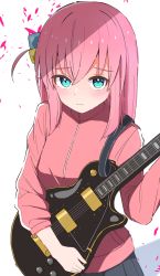 Rule 34 | 1girl, black skirt, blue eyes, bocchi the rock!, breasts, closed mouth, commentary request, cowboy shot, cube hair ornament, electric guitar, gibson les paul, gotoh hitori, guitar, hair between eyes, hair ornament, high collar, instrument, jacket, long hair, long sleeves, looking at viewer, makkusu (minux302), medium breasts, pink hair, pink jacket, pleated skirt, skirt, solo, track jacket