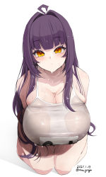 Rule 34 | 1girl, ahoge, blunt bangs, blush, breast hold, breasts, cleavage, closed mouth, collarbone, dated, highleg, highleg swimsuit, huge breasts, long hair, looking at viewer, mine (wizard), name tag, one-piece swimsuit, original, purple hair, school swimsuit, seiza, simple background, sitting, skindentation, solo, swimsuit, twitter username, undersized clothes, wet, wet clothes, wet swimsuit, white background, white one-piece swimsuit, yellow eyes