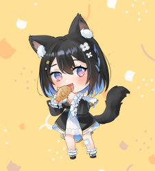 Rule 34 | 1girl, :d, absurdres, animal ear fluff, animal ears, ankle garter, badge, bandaid, bandaid on knee, bandaid on leg, black dress, black hair, blue hair, blush, braid, button badge, cat ears, cat tail, chibi, colored inner hair, dress, flower, food, frilled sleeves, frills, hair between eyes, hair flower, hair ornament, hairpin, highres, hoshina suzu, long sleeves, mary janes, multicolored clothes, multicolored dress, multicolored hair, open mouth, purple eyes, shino laila (artist), shoes, side braid, smile, tail, taiyaki, virtual youtuber, wactor production, wagashi, white dress, white flower